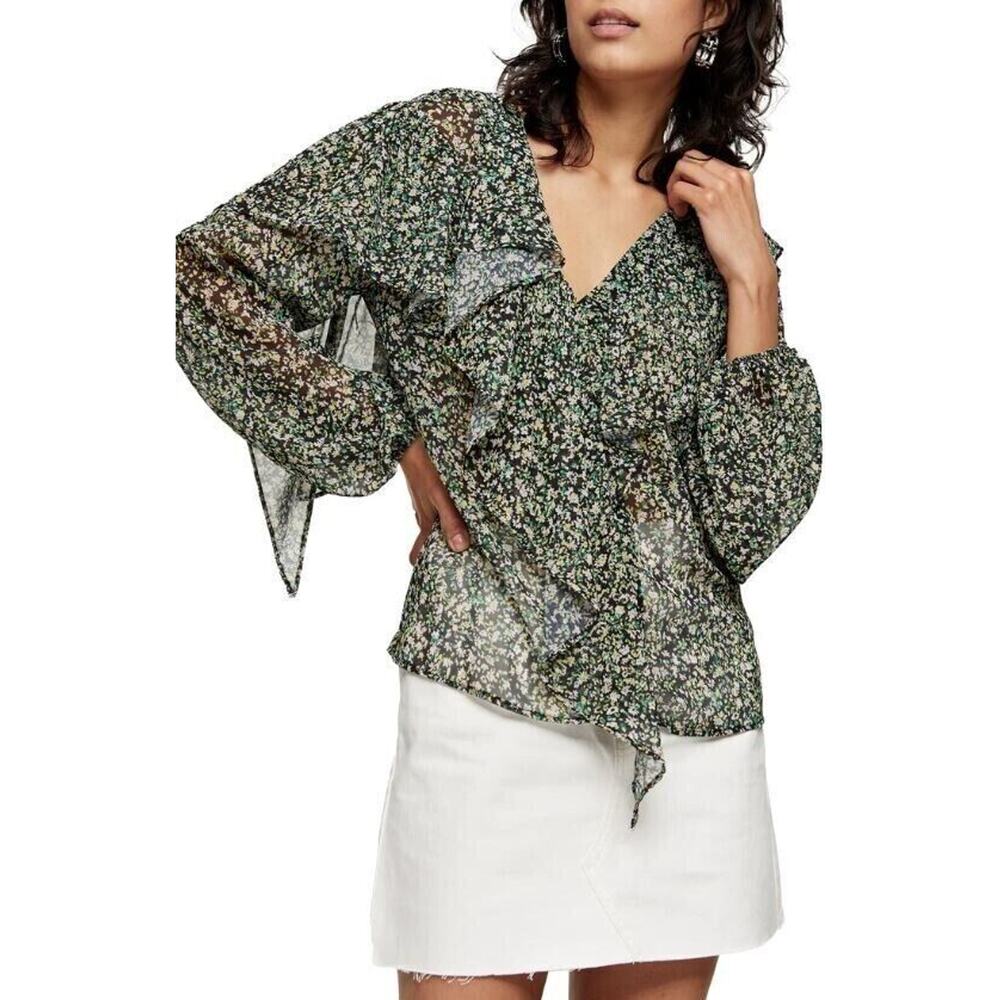 Topshop Women's Grunge Ruffle Long Sleeve Blouse In Multi Size 4 MSRP $58